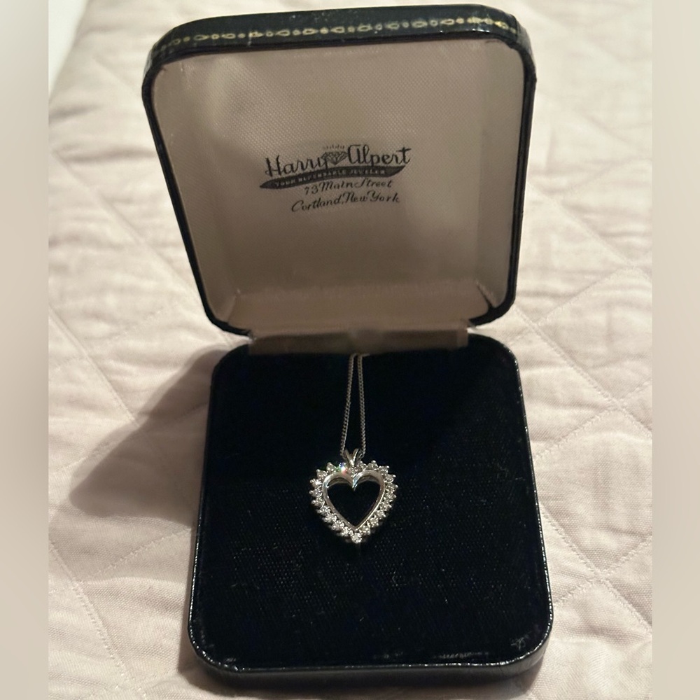 Vintage 14k White Gold Diamond Open Heart Necklace